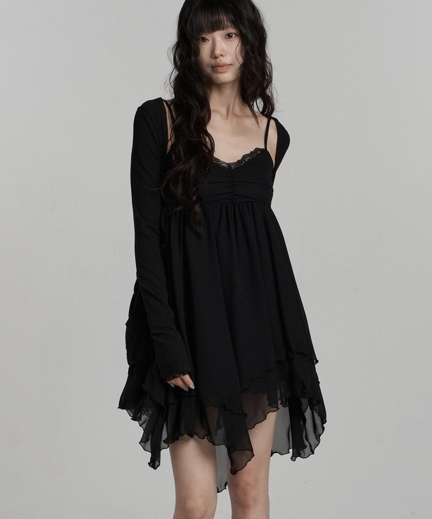 Ilio [Bit-O X Ilio] Black Asymmetric Chiffon Dress