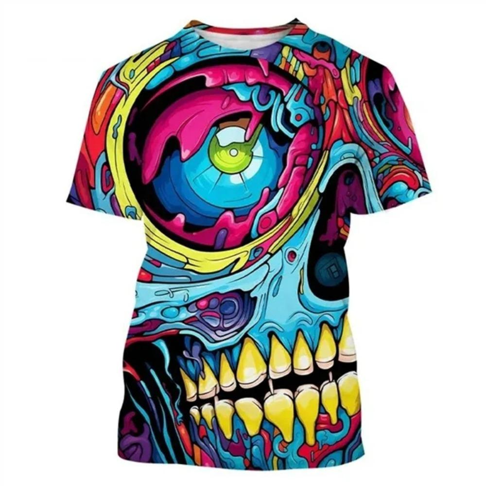 Fashion Colorful Street Graffiti Hip-hop Skull 3D Printing T-shirt Men and Women's Casual T-shirt Short-sleeved Tops Outdoor Street Clothing