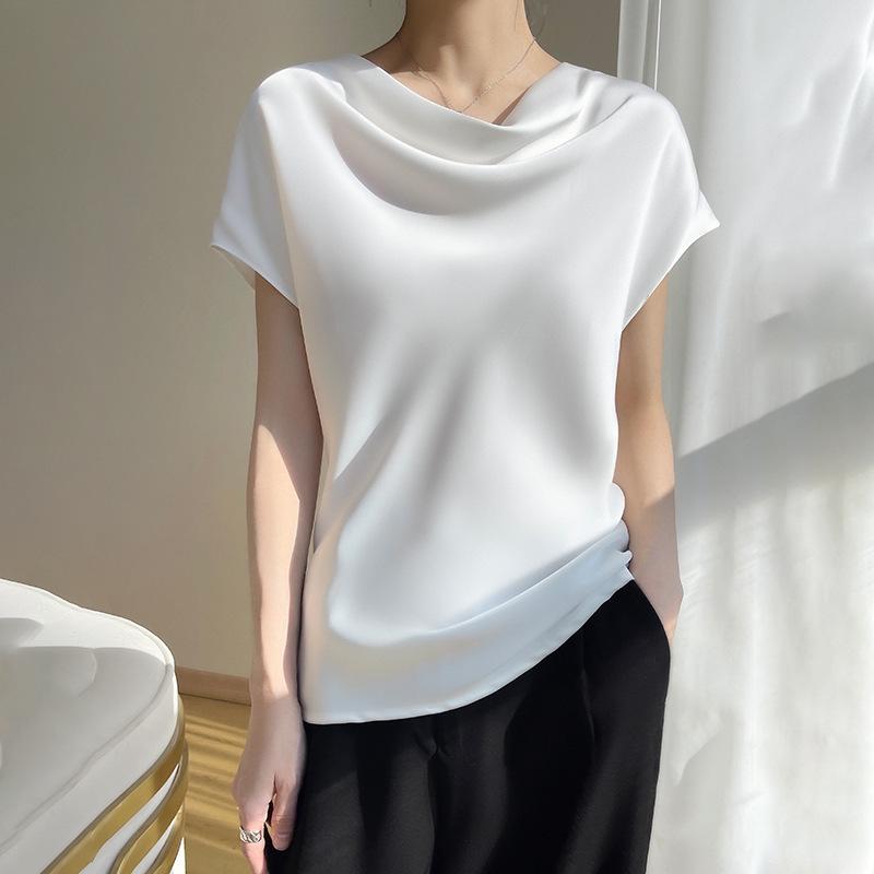 Women's Plus Size Cowl Neck Ice Silk Short Sleeve Loose-Fit Top