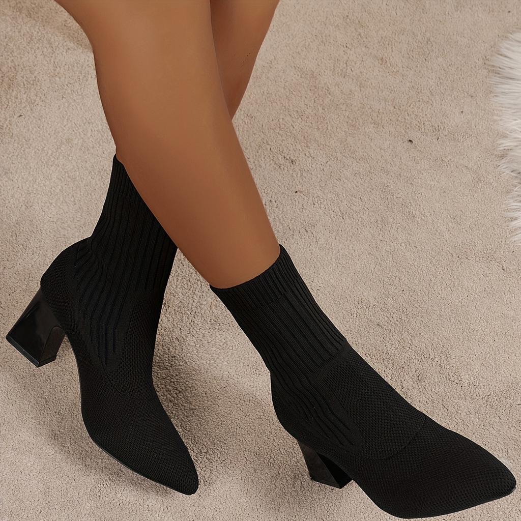 Women's Autumn and Winter New Korean Version of Flying Woven Thick Heel Booties Pointed Elastic Socks Boots High Heel Fashion Boots