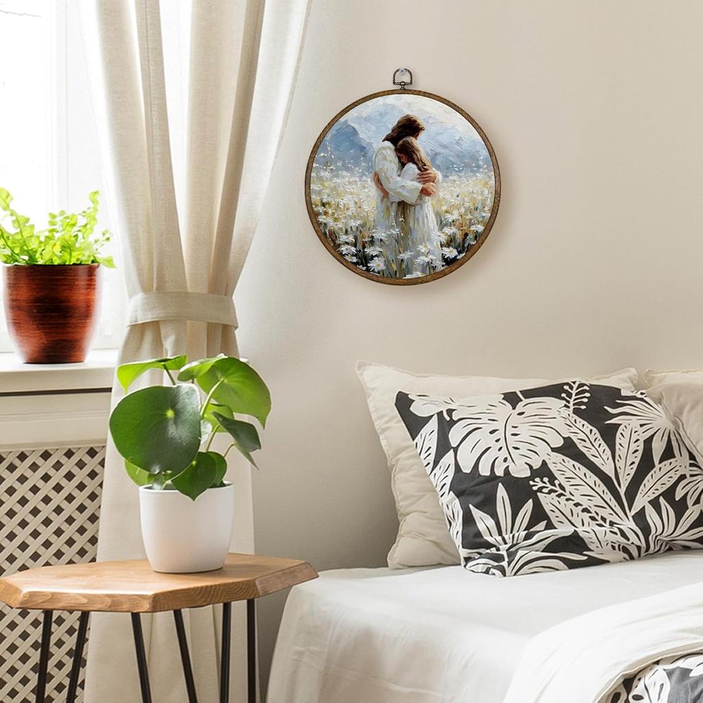 Qskjre Jesus Hugging Girl Wall Art Decor, Christian Jesus and Woman Round Wood Framed Canvas Picture Wall Artwork for Living Room, Healing Embrace