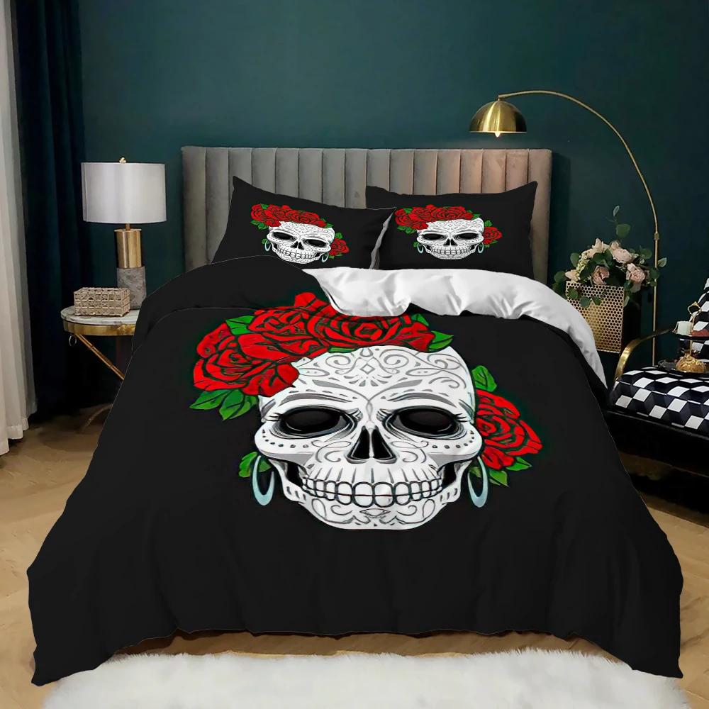 Skull Duvet Cover Queen Size Gothic Skeleton Bedding Set Rose Flower Polyester Comforter Cover For Kids Teens Adults Halloween