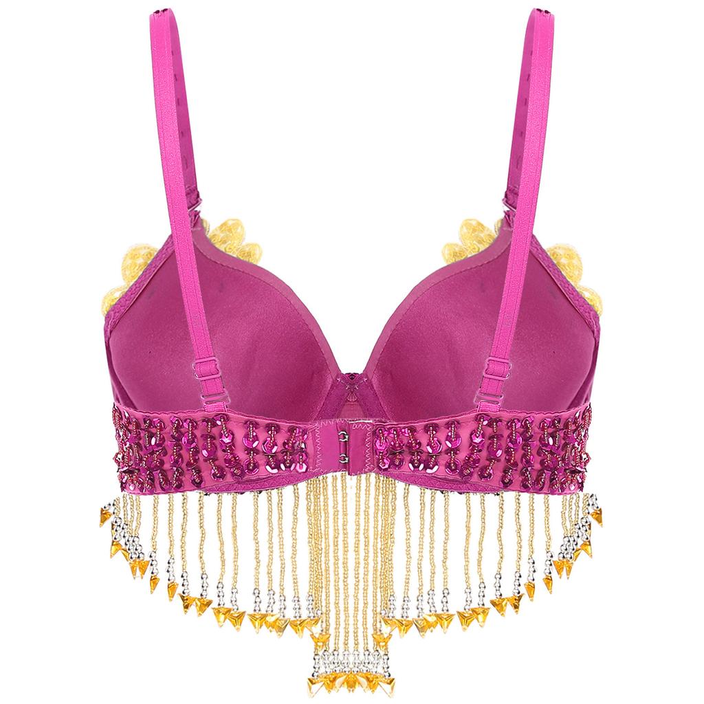 Womens Sparkly Sequins Belly Dance Top Adjustable Straps Plastic Beaded Tassels Underwired Bra