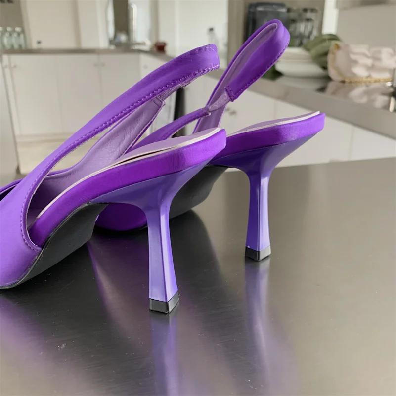 Модные элегантные женские туфли на высоком каблуке, женские туфли-лодочки с открытой пяткой, фиолетовые, зеленые, оранжевые, на каблуках, роскошные свадебные туфли