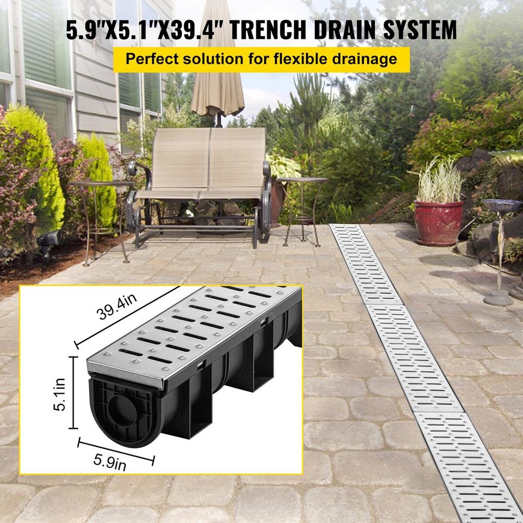 Trench Drain System, Channel Drain with Metal Grate, 150x130 mm HDPE Drainage Trench, Black Plastic Garage Floor Drain, 3x39 Trench Drain Grate, with