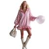 Women S Pink Striped V Neck Loose Lantern Sleeve Mini Dress