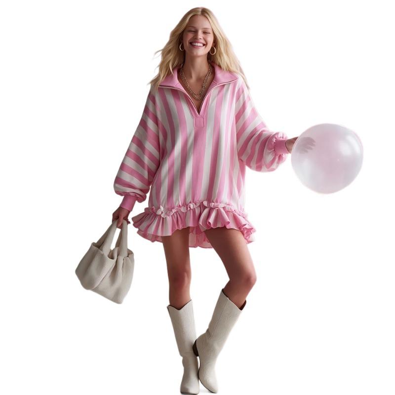 Women S Pink Striped V Neck Loose Lantern Sleeve Mini Dress