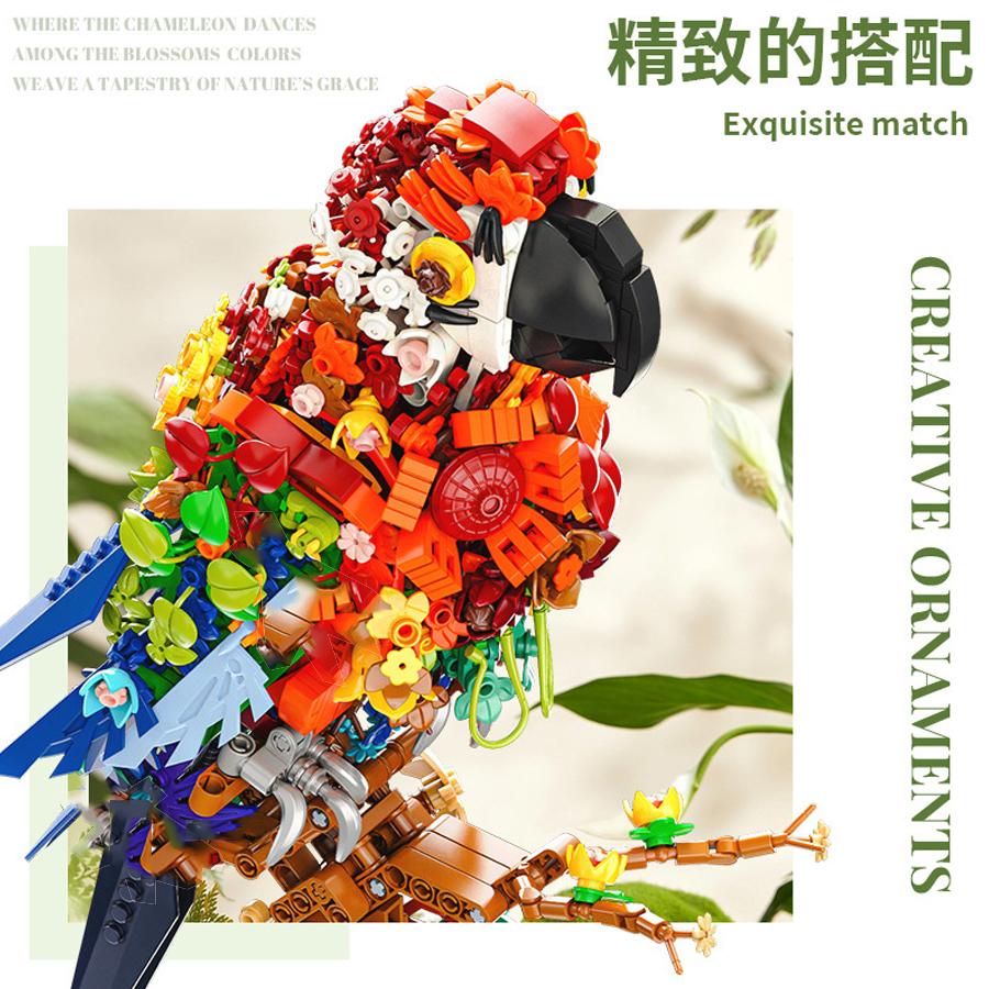 Креативный набор строительных блоков «Попугай» 1100 шт., набор «Птица», серия «Цветы и животные», модель для сборки, кирпичик, украшение для дома, игрушка, подарок для детей