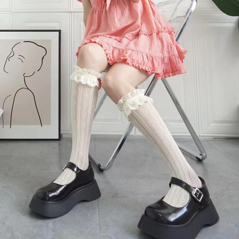 1 пара кружевных носков средней длины, женские носки Lolita Retro, женские носки Love Jacquard Princess, белые дышащие шелковые носки Anti Hook для девочек