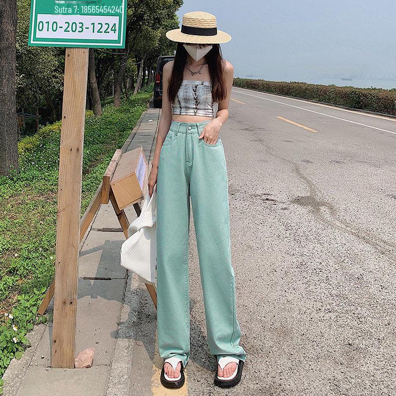 Женские джинсы широкого кроя с высокой талией мятно-зеленого цвета, корейский стиль, длина до пола, свободный крой, размер плюс, лето.