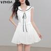 Women Naval Collar Sleeveless Crochet Hem Slim Waist Pleated Dress