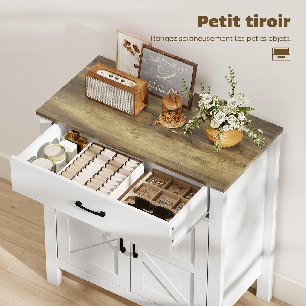 Living Room Sideboard, 2 Barn Doors, Drawer, Adjustable Shelf, 77 x 39.3 x 81.5 cm, White and Brown