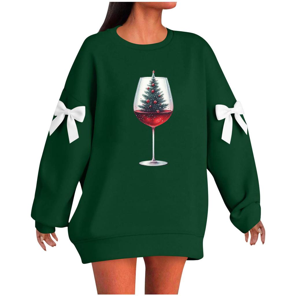 Ladies' Christmas Printed Bow Round Neck Long Sleeved Loose Pullover Sweater Sweatshirt Top