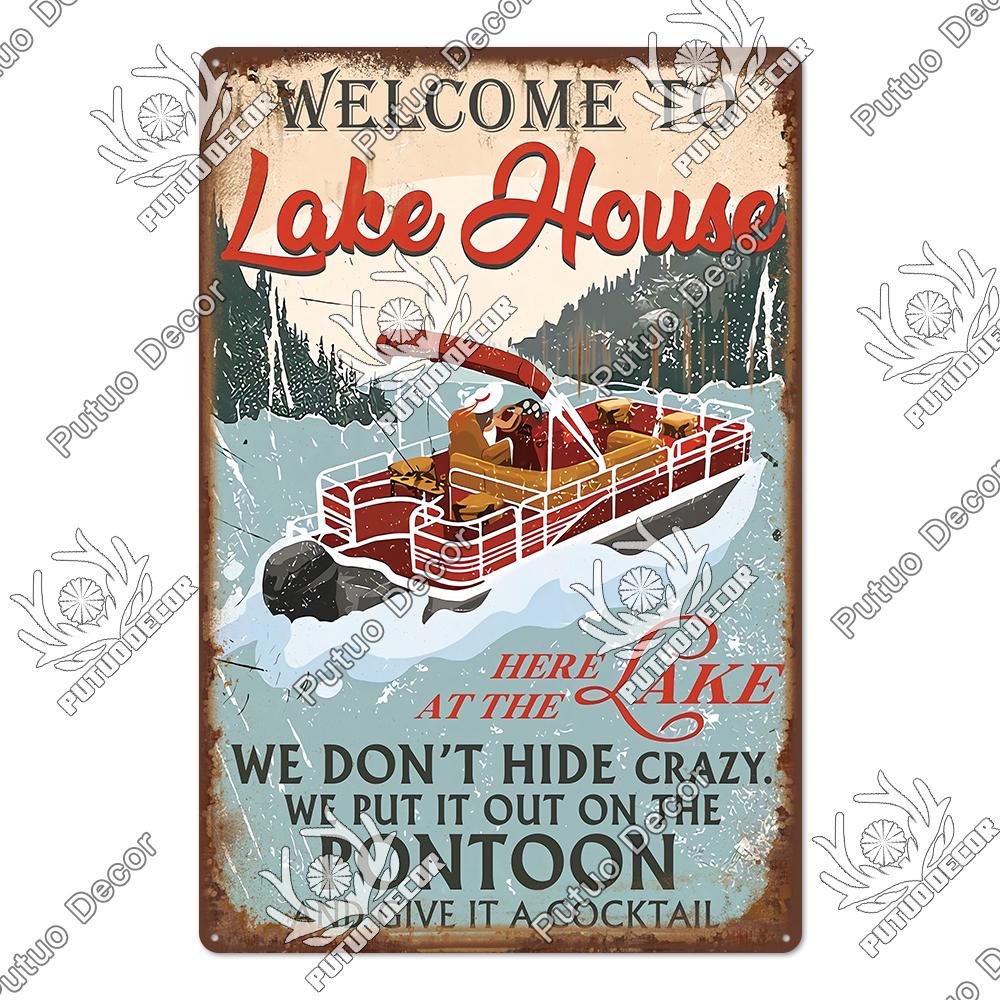 Putuo Decor Винтажные жестяные таблички «Дом у озера», деревенская табличка, металлическая пластина, настенный декор для гостиной, кухни и прихожей, постеры