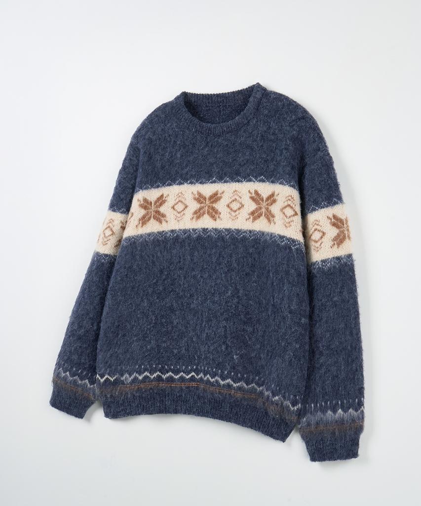 NODU Snow Nordic Snowflake Round Knit [Navy]