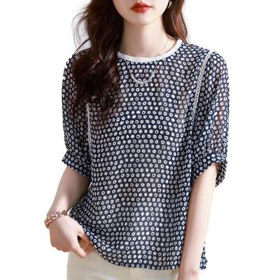 Поставки Блузка в горошек из шифона и кружева, прозрачная [J-Scott] [Пока есть в наличии] [J-Scott], горловина, материал, рукава 5/8, прозрачная, прохладная, летняя, офисная, темно-синяя,