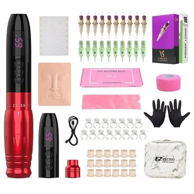 EZ Tattoo Kit - набор для тату-машинки, 6 штрихов, 2,0–3,3 мм, перманентный макияж, машинка для татуировки, ручка, включает в себя дополнительный аккумулятор емкостью 1000 мАч, красный