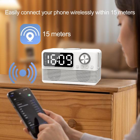 Bluetooth-совместимый динамик с быстрым беспроводным зарядным устройством 15 Вт, стабильное соединение, многофункциональная зарядная станция с будильником и радио 4 в 1