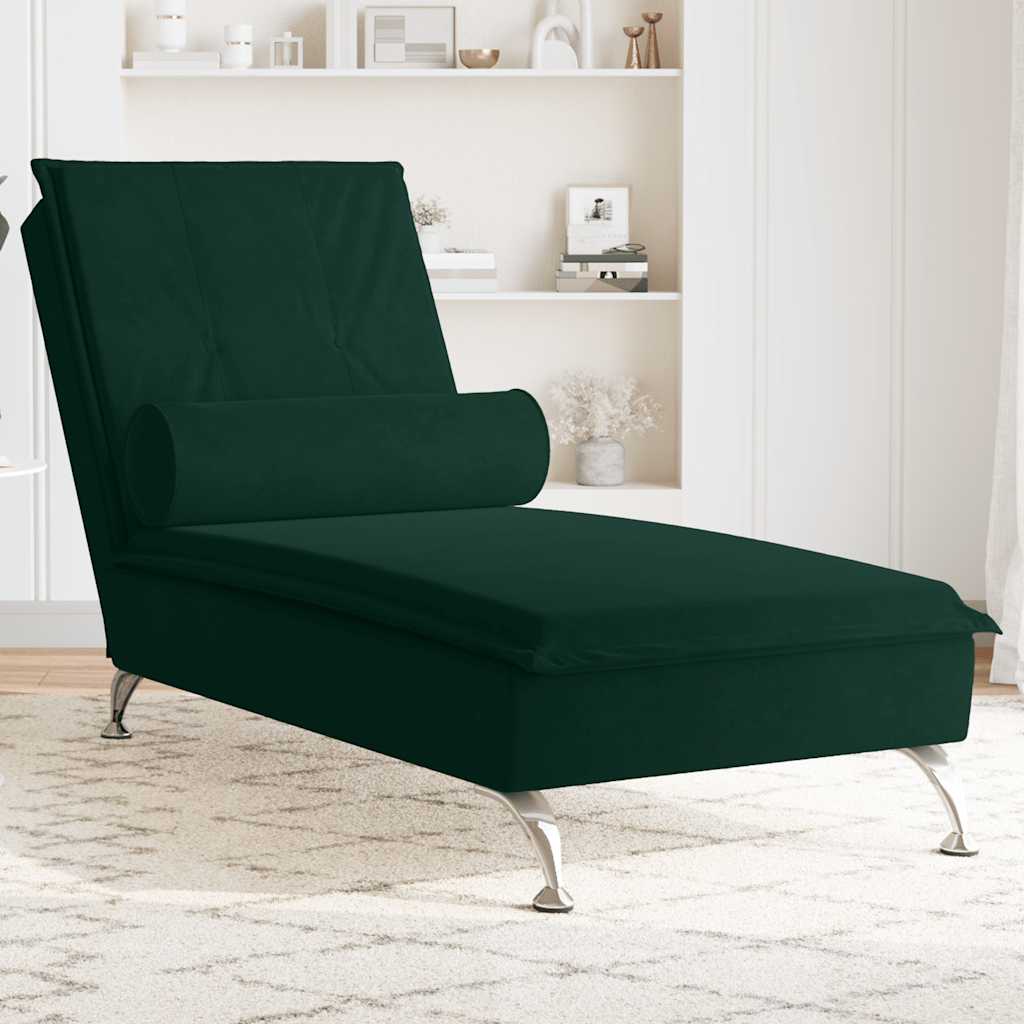 Massage Chaise Lounge with Neck Roll Dark Green Velvet