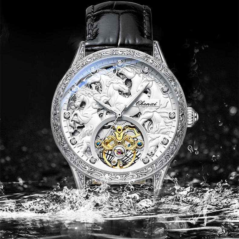 Новые роскошные мужские часы ТОП-бренда с коробкой, автоматические полые водонепроницаемые мужские механические часы с маховиком и восемью конями