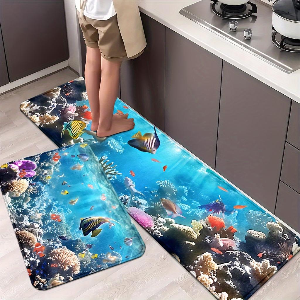 1Pcs Deep Sea Marine LifePattern Floor Mat Modern Kitchen Polyester Rug Non-Slip Colorful Indoor Carpet, For Home Bathroom Bedroom Living Room Decor