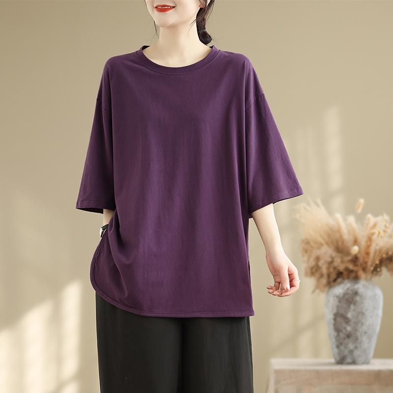 DIMANAF 2025 Женская Новая Летняя Футболка Большого Размера Короткий Рукав Хлопок Винтаж Свободные Топы Футболки Однотонная Макси