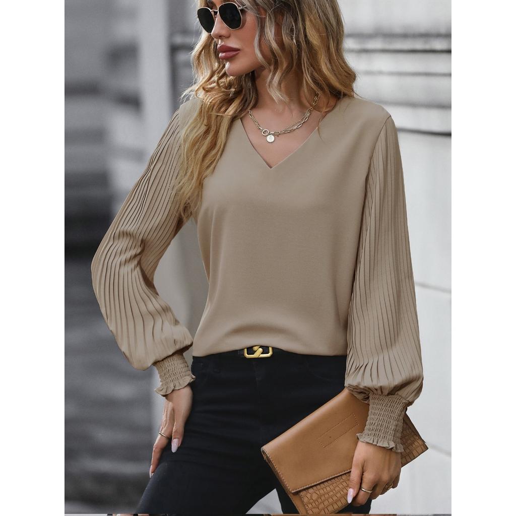 2025 Women's Solid Color Shirt with Pleated Lantern Sleeves Casual Office Tops for Spring Autumn Hot Sale