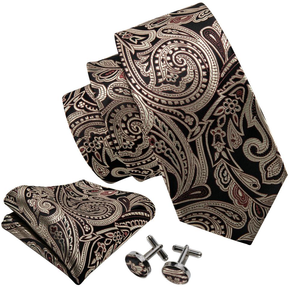Barry.Wang Men's Silk Ties Pocket Square Cufflinks Floral Jacquard Necktie Set for Formal Designer