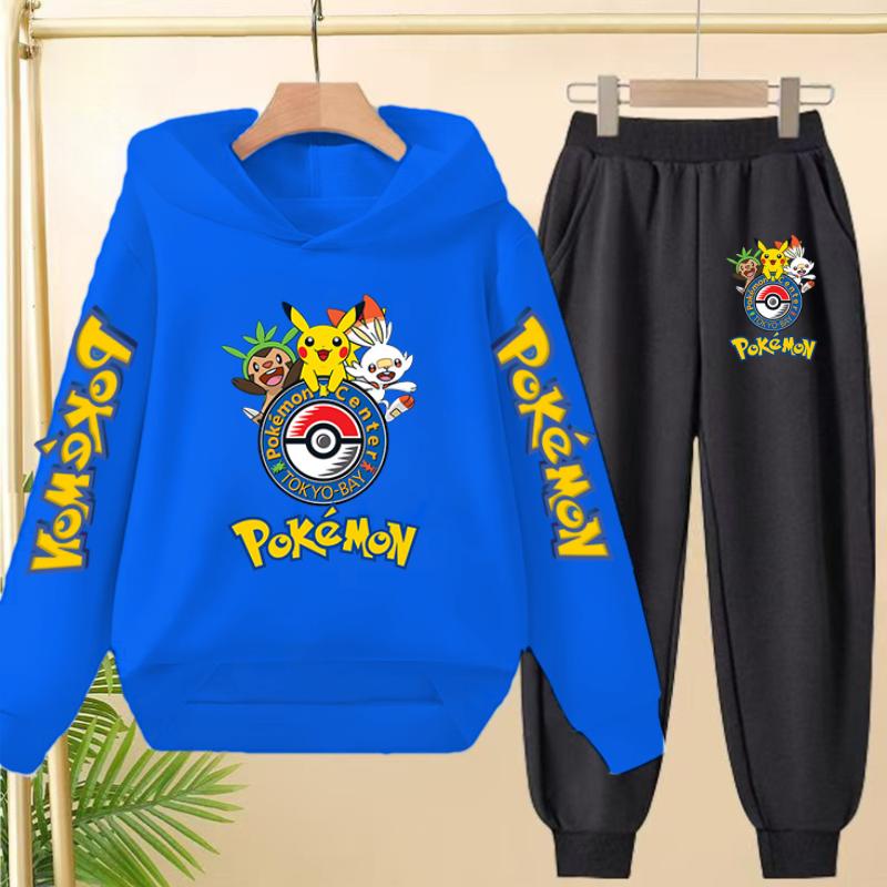 Pikachu Two-piece Clothing Children Girls Sweatshirt+Pants Casual Tracksuits Boys Pokemon Hoodie Kawaii Pullover Sports Coat Set