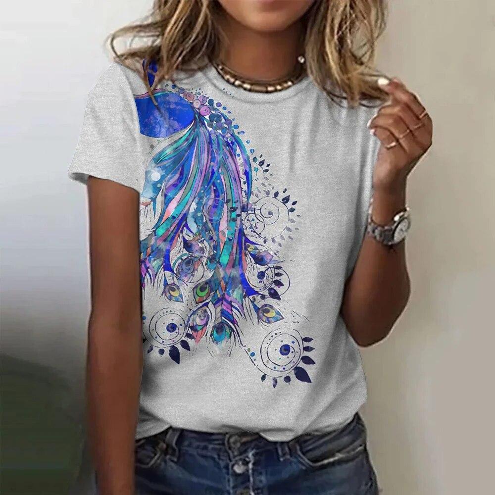 Винтажная футболка с 3D принтом перьев для женщин, женская одежда в стиле Харадзюку, повседневный пуловер с круглым вырезом, летние свободные футболки с короткими рукавами, повседневные топы