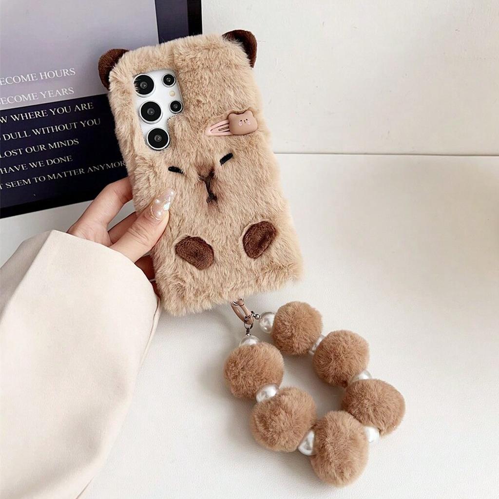 Cute Brown Hair Clip Capybara Plush Phone Case and with Chain for Samsung Galaxy S20 S21 S22 S23 S24 Fall/winter Phone Case
