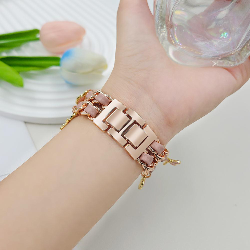 Watch Strap for Apple Watch Series 10 Ultra 9 8 7 SE 6 5 4 3 2 1 46mm 49mm 45mm 44mm 42mm Alloy+Leather Band with Butterfly and Flower Pendant