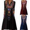 Women Spring Summer Dress V Neck Three Quarter Sleeves Retro Ethnic Style Print Bohemian A-line Loose Hem Pockets Mid-calf Length Midi Dress