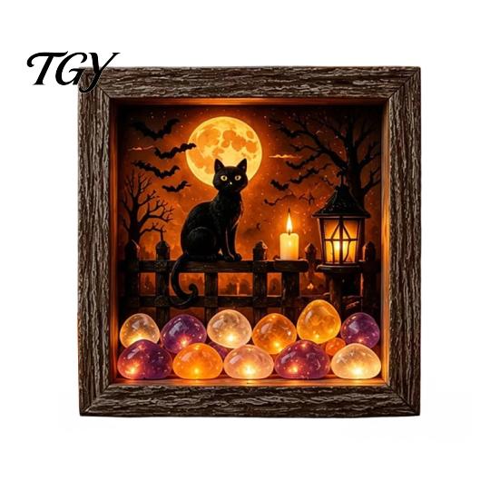 DIY Memory Box Display Lighted Halloween Ghost Shadow Kit, Wooden Frame LED Warm Light, Gothic Decorative Lamp with Crystal Glass Panel, Night