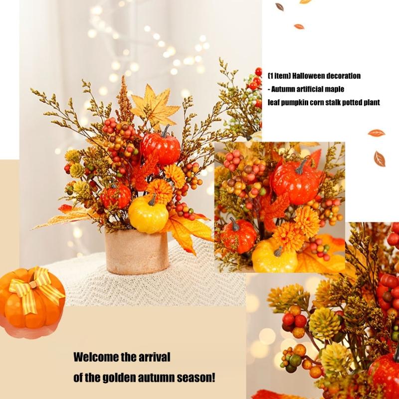 Artificial Maple Leaf Pumpkins Wheat Stalks Tabletop Planter Home Office Decoration Seasonal Display Ornament