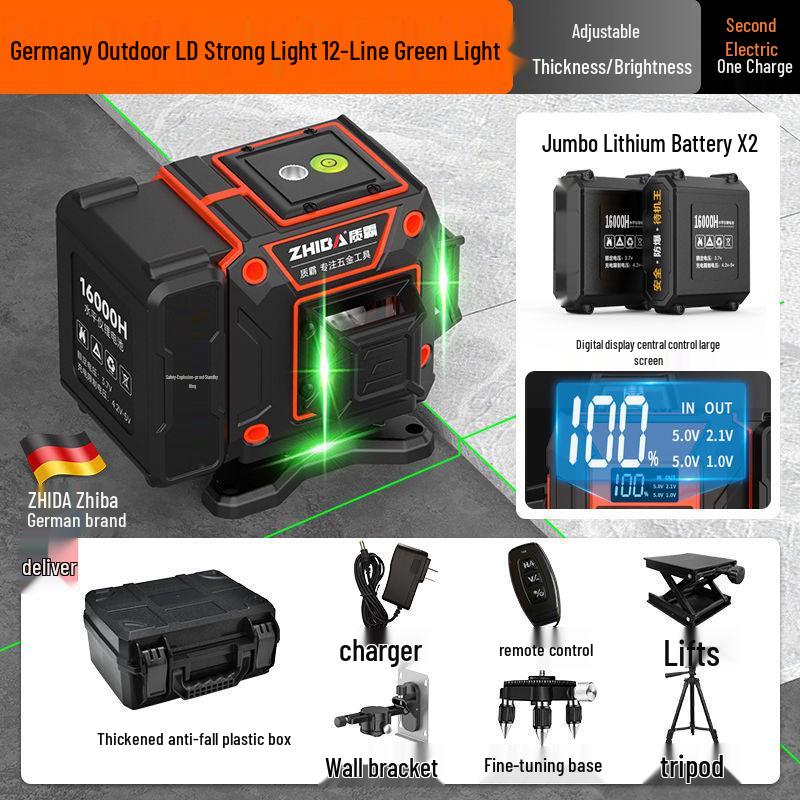 12-линейный высокоточный зеленый инфракрасный уровень с автоматическим креплением к наружной стене и самовыравниванием