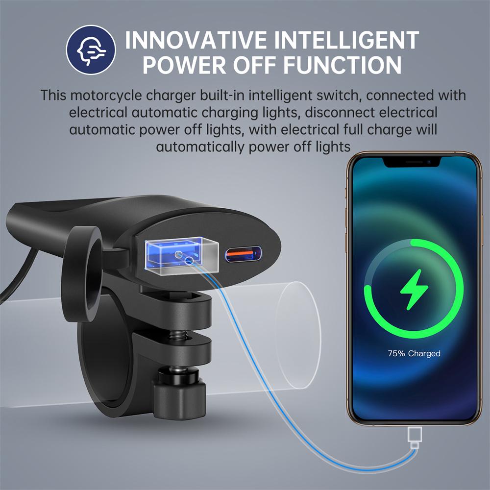 Motorcycle Charger 30W USB-C & 18W USB-A Dual Ports Phone Fast Charging Adapter