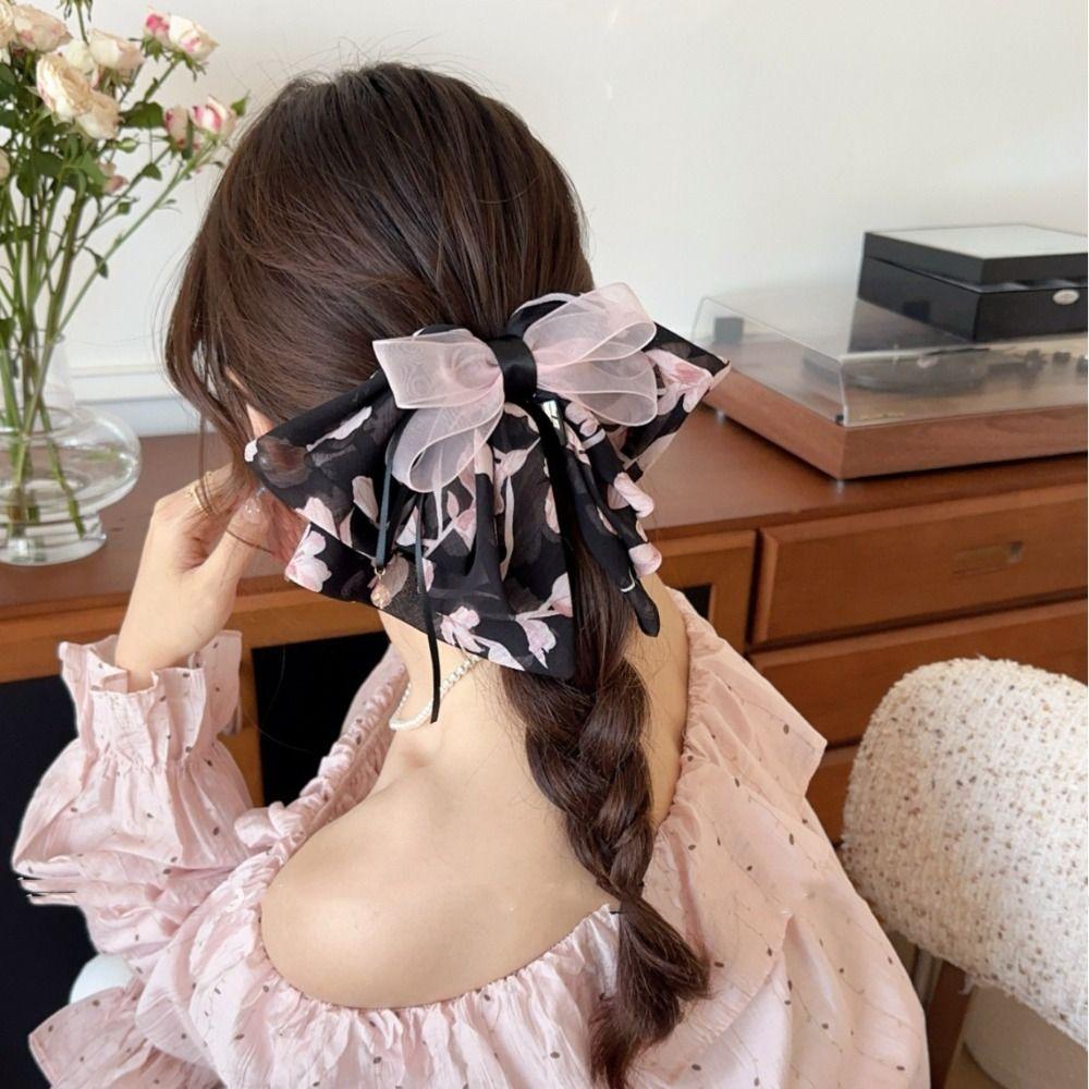 Floral Bow Ribbon Hair Claw Grab Clip Flower Hairpin Barrettes Chiffon Bowknot Hair Clip Girls