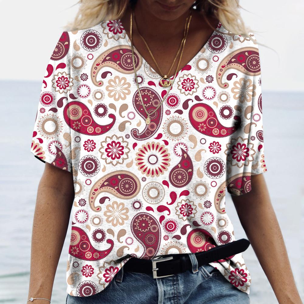 Винтажный принт топ женский с коротким рукавом уличная летняя футболка женская мода повседневная футболка с V-образным вырезом женская одежда больших размеров