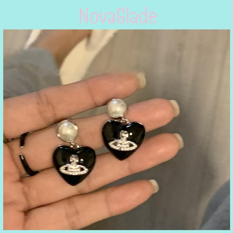 Черные серьги-Сатурн в форме сердца со стразами Уникальный дизайн Высококлассный стиль