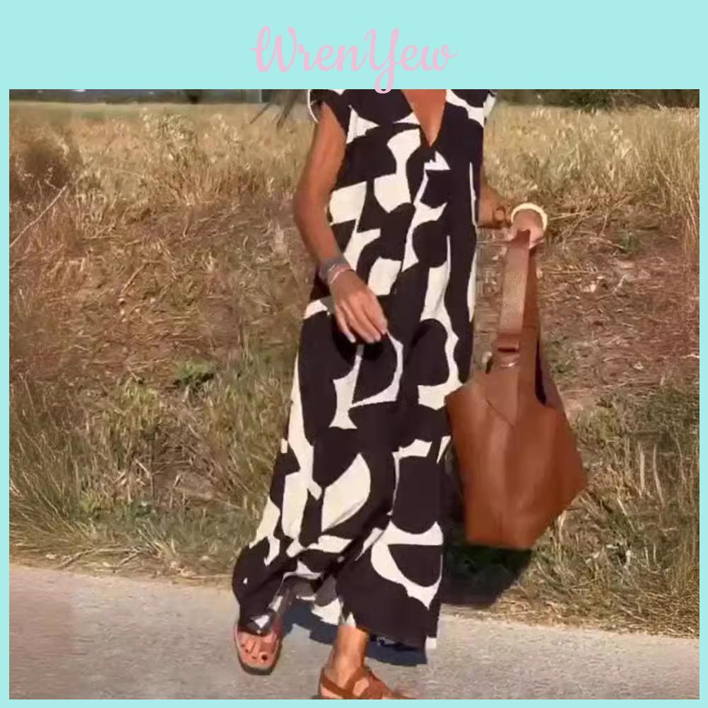 Summer Ladies A Line Dress With Geometric Print And V Neck For Casual Wear