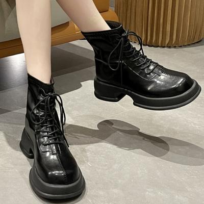 Новые туфли для женщин, весенние и осенние женские сапоги, однотонные, с круглым носком, на шнуровке, на молнии, на платформе, водонепроницаемые, модные сапоги