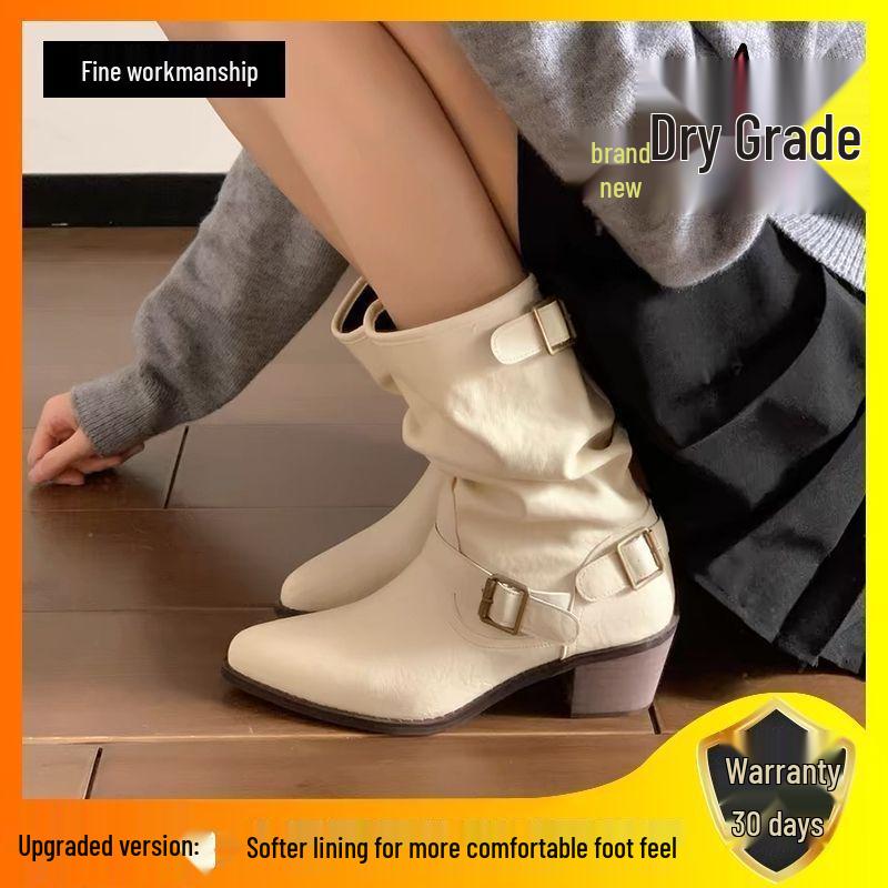 Women's 2025 Autumn/Winter Retro Korean-Style Pointed Toe Martin Boots - Versatile White Soft Leather High Heel Slouch Boots