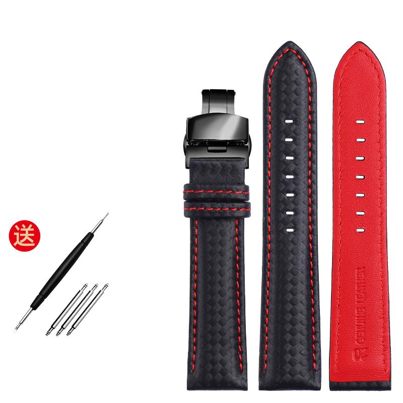 Genuine Leather Bracelet Carbon Fiber Grain Watchband Red Stitching 18mm 20mm 22mm Watch Band Strap Accessories Butterfly Buckle