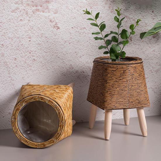 Rattan Woven Planter Pot Indoor Outdoor Flowerpot with Legs Handmade Cactus Succulent Plants Holder Container Home Balcony Garden Decoration