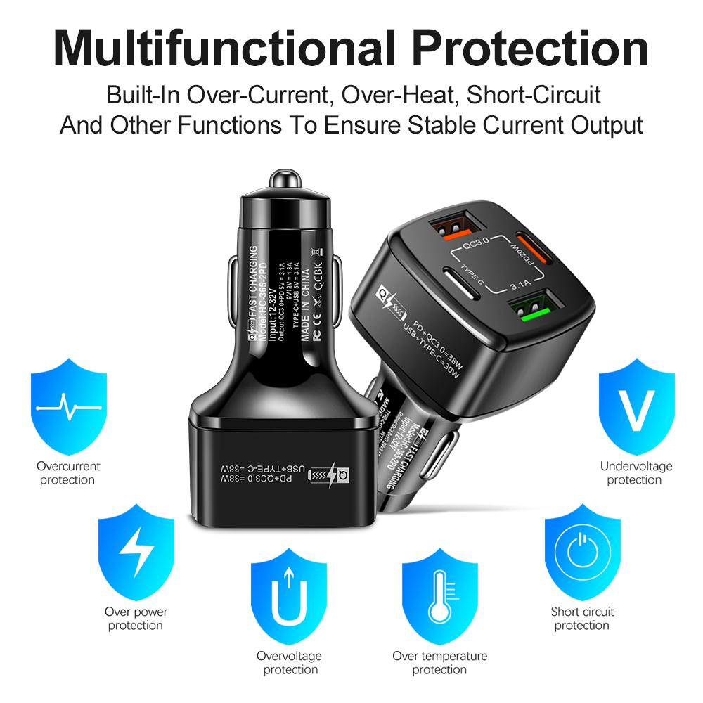 38 Вт Dual Qc3.0 Pd Type-c Зарядное устройство Адаптер питания Быстрая зарядка Автомобильное зарядное устройство Громкая связь Автомобильный комплект для автомобильного видеорегистратора Радио Автомобильные аксессуары