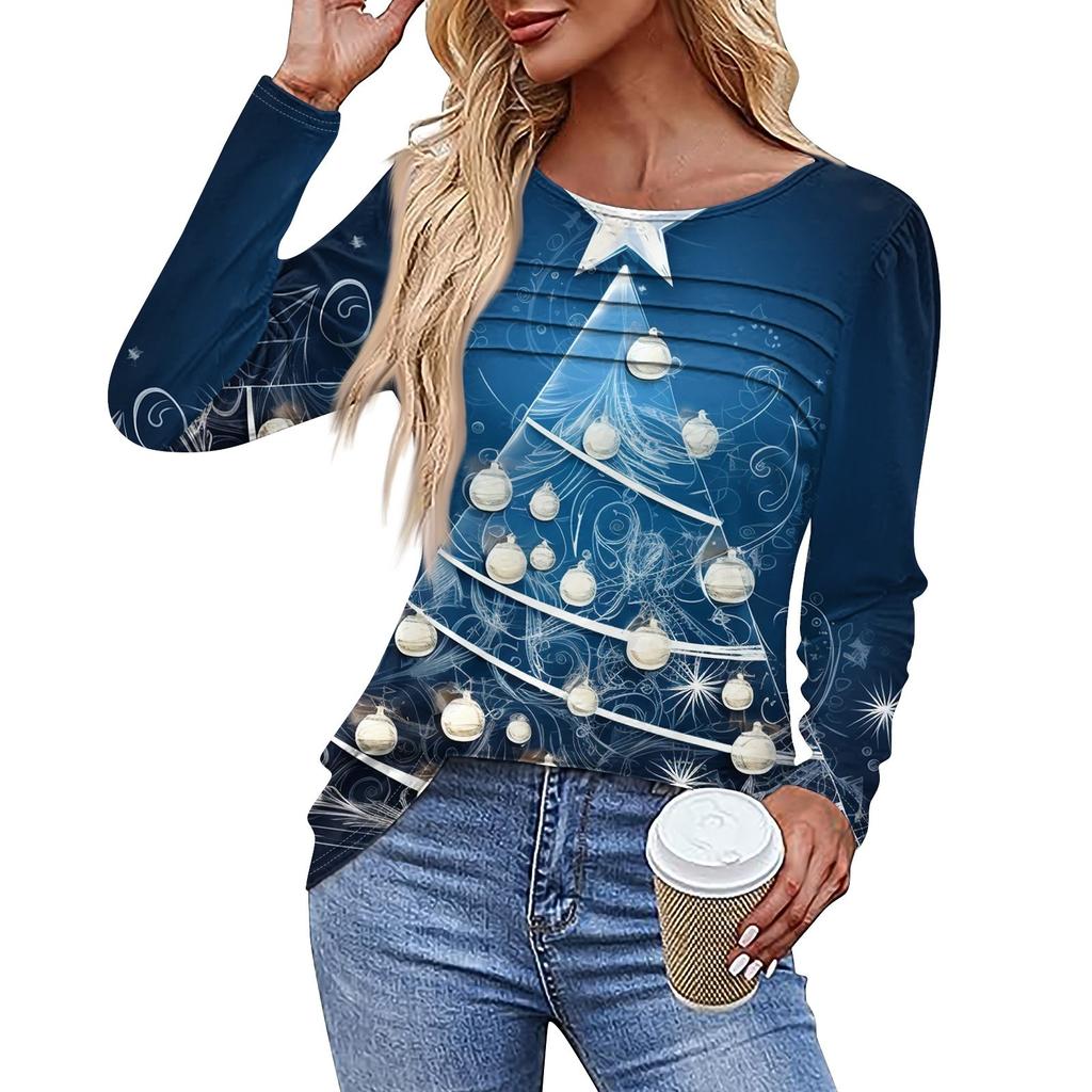 Женская повседневная модная футболка с круглым вырезом и длинными складками на Рождество