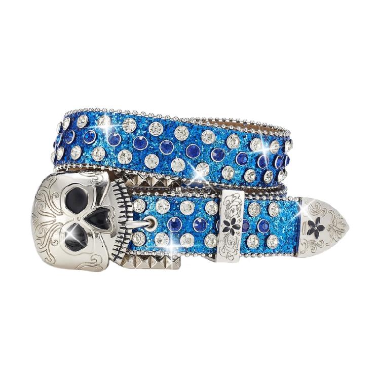 Popular Skull Buckle Belt for Men Women Rhinestones Studded Belt All Matching Blingbling Western Belt for Daily Club Wear