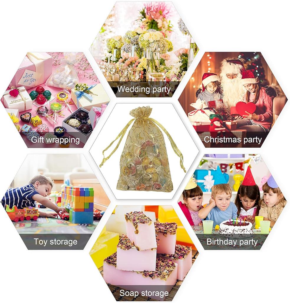 Gold Organza Gift Bags with Drawstring Jewelry Storage Mesh Pouch Candy Packing Bags Wedding Favor Christmas Party Candy Bag