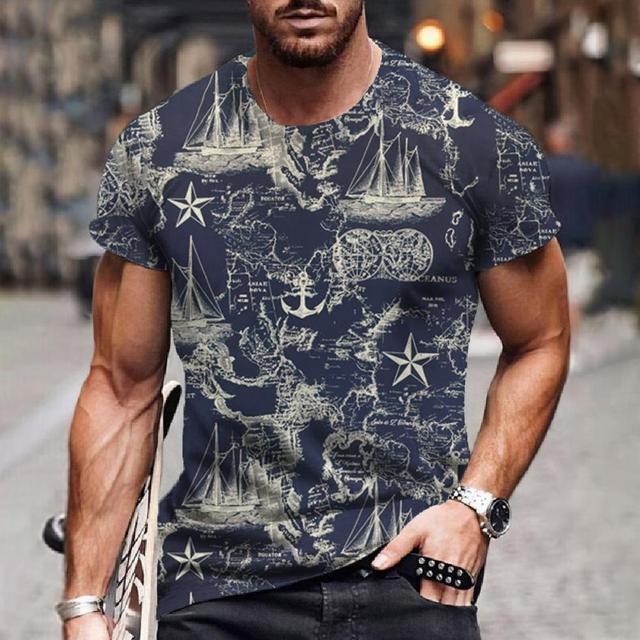 Vintage Men's Short Sleeve Shirt Compass Print T-shirt Nautical Tops Summer O-Neck Sweatshirt Tees Designer Daily Mens Clothing